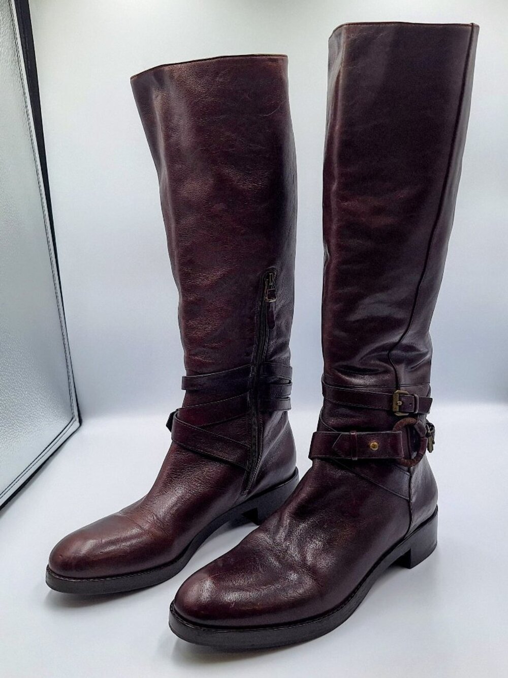 Via Spiga Gabrielle Brown Leather Belted Buckle Tall Biker Moto Boots Size 7